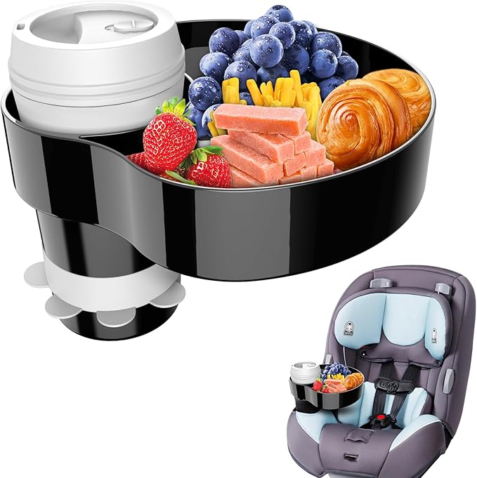 Kids Car Seat Tray, Travel Tray with Cup Holder for Toddler, Baby Car Seat Food Snack Organizer for Road Trip, Stroller snack tray travel must haves (Black 1 Pack)