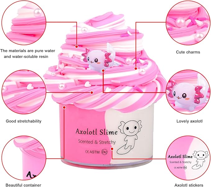 Axolotl Butter Slime,Non Sticky,Super Soft Stress Relief,Scented and Stretchy Toy,Birthday Gifts for Kids 4-12,DIY Slime Party Favor,Dual Colored Pink Slime,Christmas Stocking Fillers (7oz 200ML)
