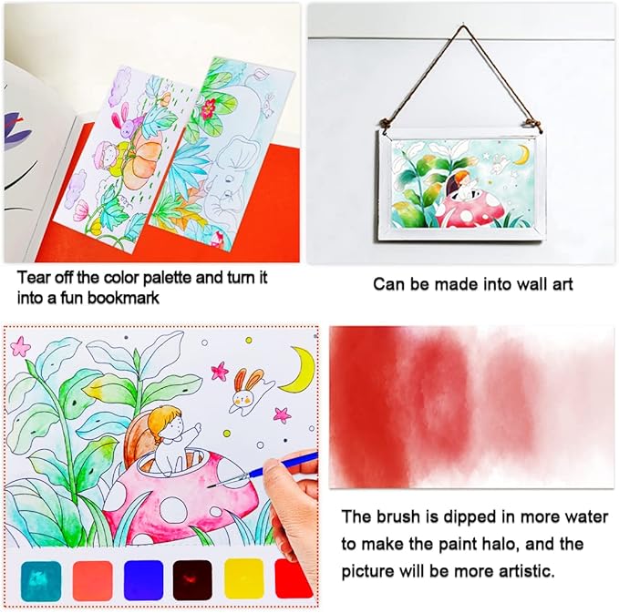 JUNQIU Watercolor Coloring Books for Kids Ages 4-8, Pocket Watercolor Painting Book for Toddlers, Arts and Crafts for Girls Gifts, Stocking Stuffers For Kids