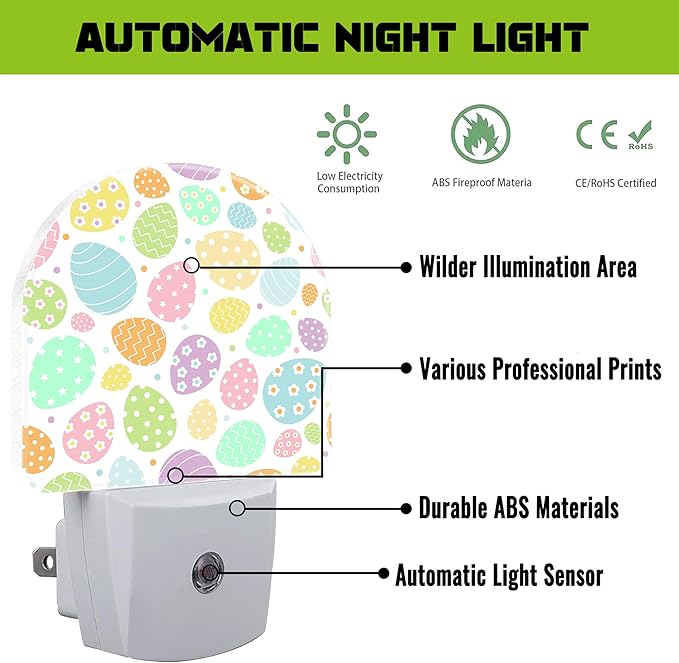 Easter Eggs and Flowers Night Light for Kids,Colorful Easter Eggs Daisies Plug in Night Light with Dusk to Dawn Sensor, 0.5w Energy Saving Nightlight for Hallway Stairway Kitchen Bedroom