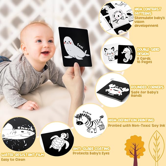 URMYWO Tummy Time Mirror Toys, Visual Stimulation Learning Cards, High Contrast Black and White Baby Toys for Newborn, Soft Baby Book for Infant 0-12 Months, Baby Boy Girl Shower Gift