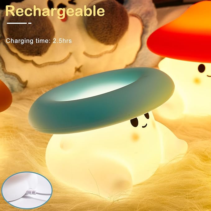 Mushroom Night Light for Kids, Cute Ghost Mushroom Lamp Silicone Baby Nursery Night Lamp, Dimmable Squishy Touch Bedside Lamps, Adorable Rechargeable Animal Lamps Gifts Kawaii Room Decor Girls Boys
