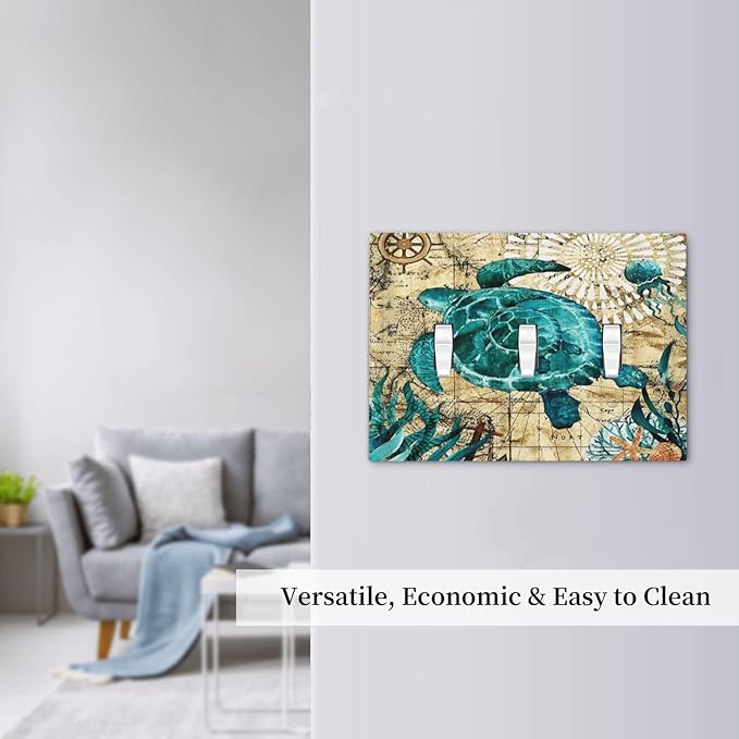 Blue Greem Nautical Ocean Map Tortoise Turtle 3 Gang Light Switch Plate Ocean Octopus Marine Coral Beach Theme Decorative Triple Toggle Wall Plate Outlet Cover Electrical Faceplate