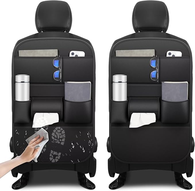 Back Seat Protector 2 Pack Fit For Honda CR-V Car Kick Mats with Cup & Tissue Storage Organizer Pockets Waterproof Dirt Proof Faux Leather Auto Accessories For Kids(1 Pair Black)