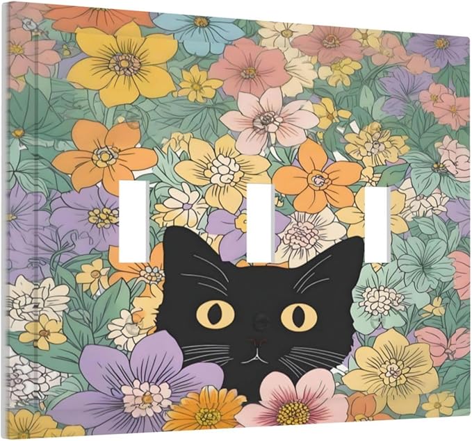 Decorative Switch Plates Funny Cute Cartoon Cat Floral Colorful Flower 3 Gang Wall Plate Triple Toggle Light Switch Cover Faceplate Electrical Wall Panels For Kids Room Nursery Decor
