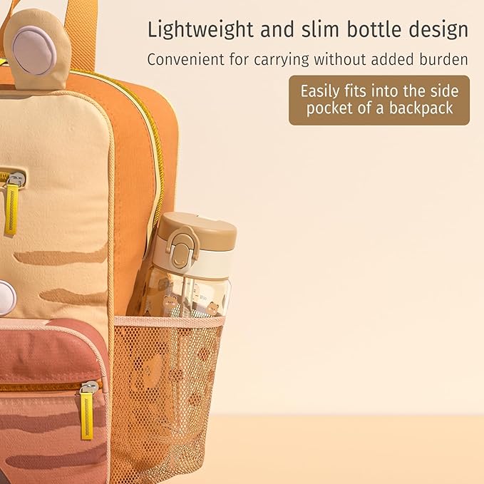 Evorie Tritan Kids Water Bottle with Straw, 13oz BPA-Free Leak Proof Drinking Bottle for School & Travel, Clear Water Bottle with Carry Strap, Dishwasher Safe, for Kids Ages 3+ (Honey Bear)