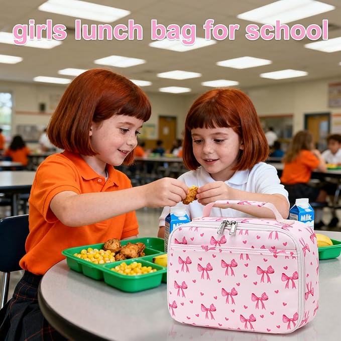 LOIDOU Lunch Box for Kids Boys Girls Insulated Lunch Bag Thermal Meal Tote Reusable Lunch Pail Bags for School Travel (Bow Tie Pink)