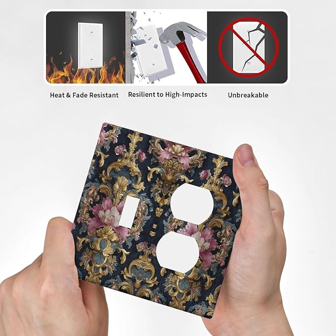 Decorative Outlet Covers Rococo Pink Floral Flower Gold Leaf 2 Gang Light Switch Cover Plate Single Toggle Duplex Wall Plates for Electrical Outlets Switch Plate Covers for Home Decor