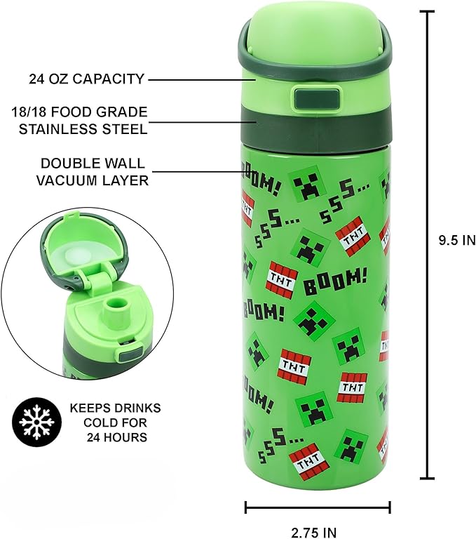 Minecraft Boom Green 24 Oz Stainless Steel Water Bottle