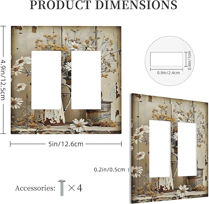 Rustic Flowers Daisy Floral White Wooden Planks Decorative Outlet Covers 2 Gang Double GFCI Rocker Electrical Wall Panels Light Switch Cover Plate for Farmhouse Home Decor