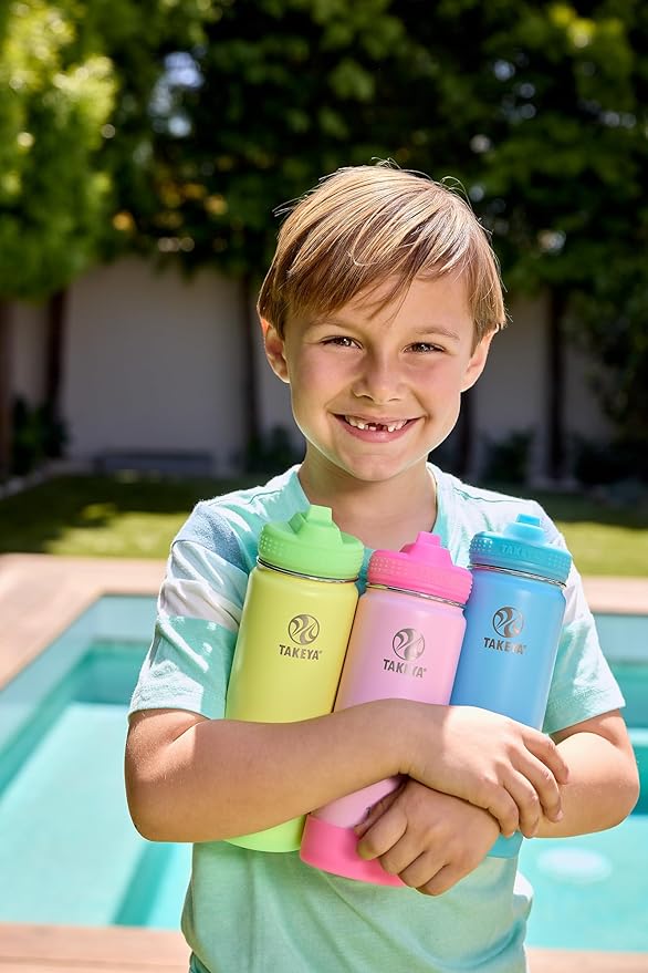 Takeya Actives Kids Water Bottle 18 oz Stainless Steel Double Wall Insulation BPA-Free Leakproof Straw Lid Easy Carry Handle Reusable Ideal for Boys and Girls, School, Sports - Summer Glow Pink