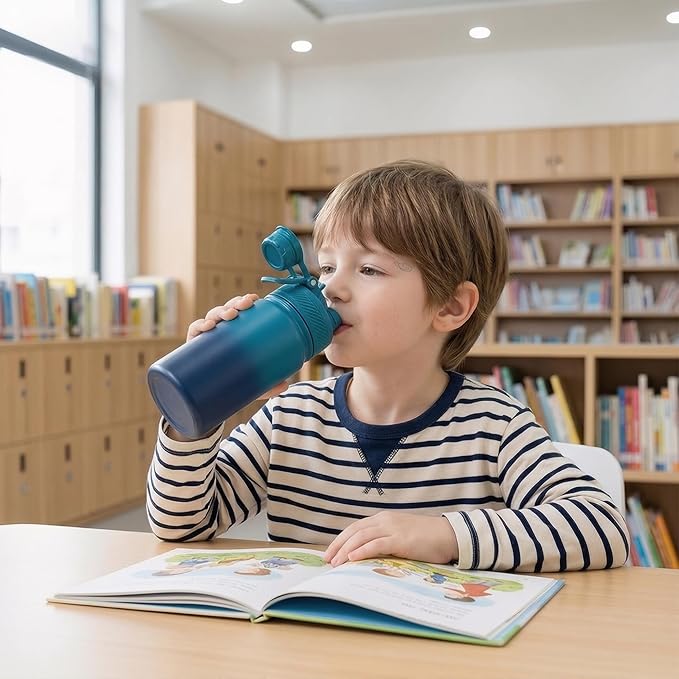 12 oz Kids Water Bottle, 2-in-1 Stainless Steel Vacuum Insulated Water Bottle for Toddler, Leak Proof Spout & Straw, Double Wall Thermal Flask for Boys&Girls, School, Outdoor, Travel (Gradient Blue)