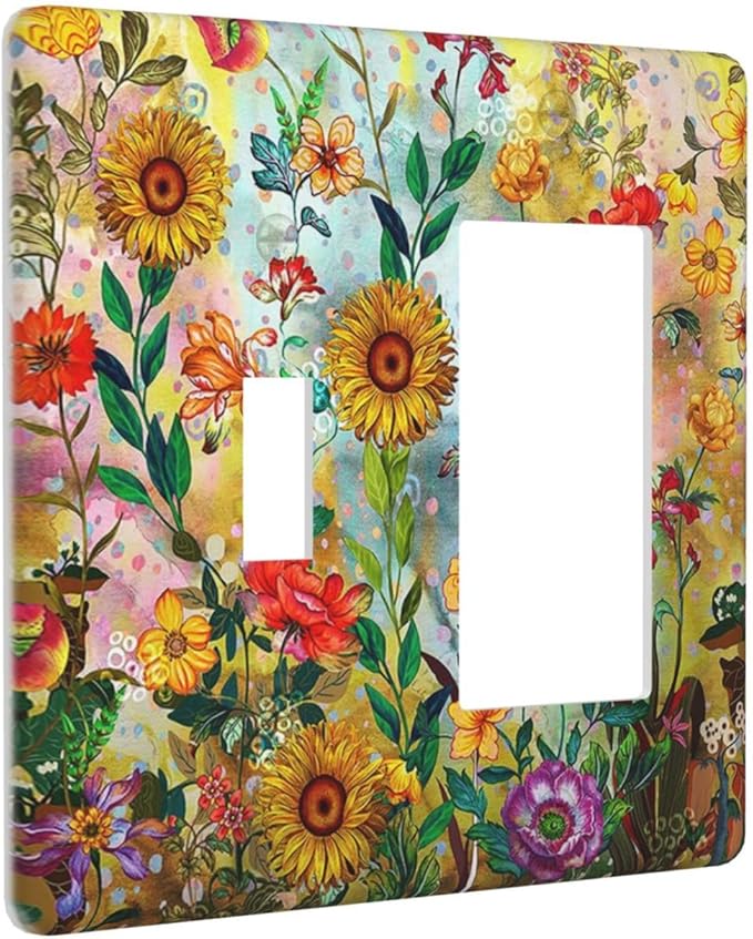 Fall Colorful Sunflower Floral 2 Gang Toggle Rocker Combo Wall Plates Decorative GFCI Device Outlet Cover Receptacle Electrical Faceplate Switchplate for Bedroom Bathroom Kitchen Decor