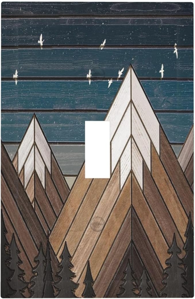 Rustic Geometric Mountain Wilderness Wood Light Switch Plate Cover 1 Gang Single Toggle Wall Plates Art Decorative Switchplate Outlet Covers Electrical Faceplate for Bedroom Bathroom Kitchen Decor