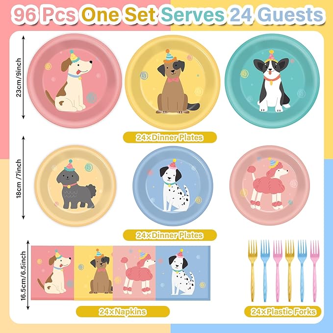 96Pcs Pet Dog Birthday Party Supplies Retro Puppy Themed Paper Plates Napkins Vintage Puppy Face Party Tableware Disposable Pet Dinnerware Decoration Set for Kids Birthday Baby Shower Table Decor