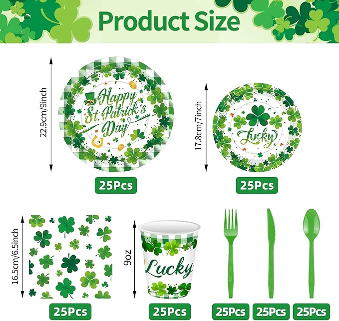 175 Pcs St. Patrick's Day Tableware Set - Serves 25, Green Lucky Shamrock and Plaid Disposable Plates, Cups, Napkins, Forks, Spoons, Knives for St. Paddy's Day, Irish-Themed Birthday Party Supplies