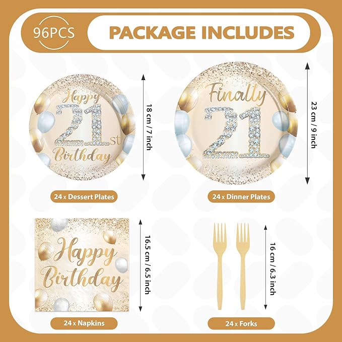 96Pcs Happy 21st Birthday Decorations Sweet 21 Plates and Napkins Tableware Sets White and Gold Glitter Twenty-one Birthday Decorations for Girls Boys 21 Years Old Birthdays Party Supplies Serves 24