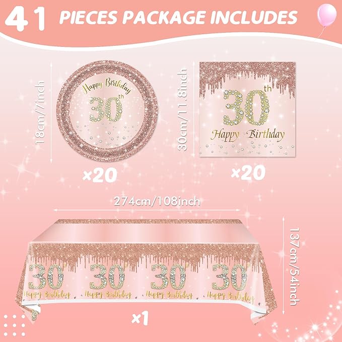 41Pcs 30th Birthday Decorations for Women, Rose Gold Thirty Year Old Birthday Party Supplies Include 20 Plates 20 Napkins and 1 Tablecloth, Pink 30 Aged Birthday Party Tableware