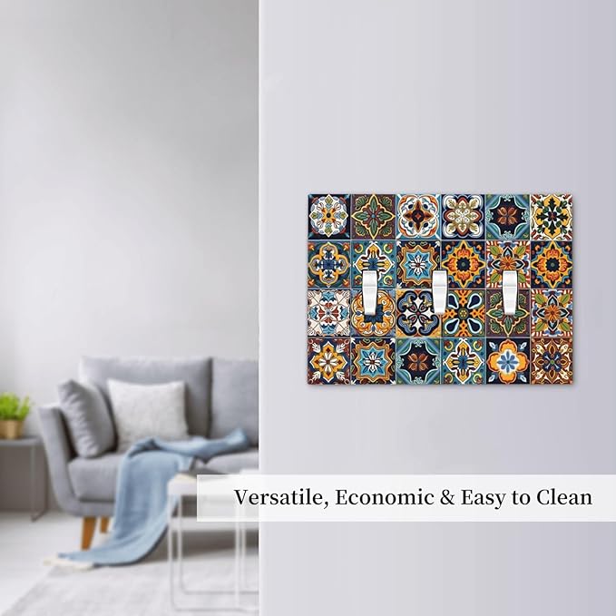 Mexican Talavera Tiles Floral Decorative Switch Plates 3 Gang Wall Plate Triple Toggle Light Switch Cover Faceplate Electrical Wall Panels for Bathroom Kitchen Decor
