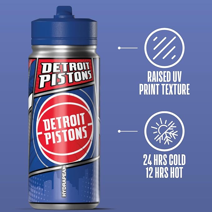 Hydrapeak x NBA Detroit Pistons 20 oz Stainless Steel Water Bottle, Officially Licensed Double Wall Insulated Sports Bottle with Straw Lid, Reusable Leakproof Gift for Kids & Adults