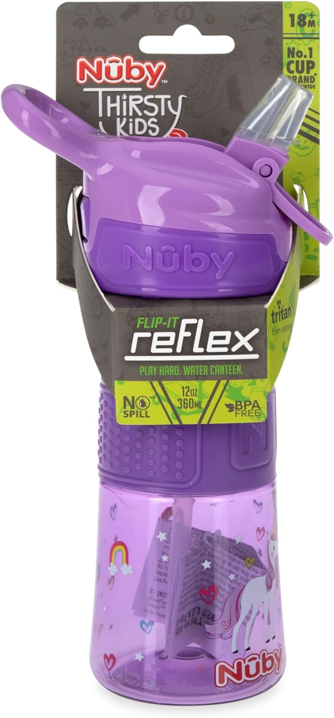 Nuby Thirsty Kids Push Button Flip-it Soft Spout on The Go Water Bottle with Easy Grip Band, 12oz, Unicorn