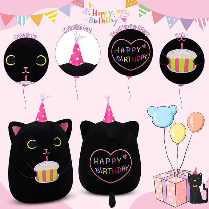 Cat Plush Birthday Gift for Kids Adults, 14inch Black Cat Plush Pillow Cute Stuffed Animal, Kawaii Plushie Cuddle Pillow Birthday Gift for Kids Boys Girls
