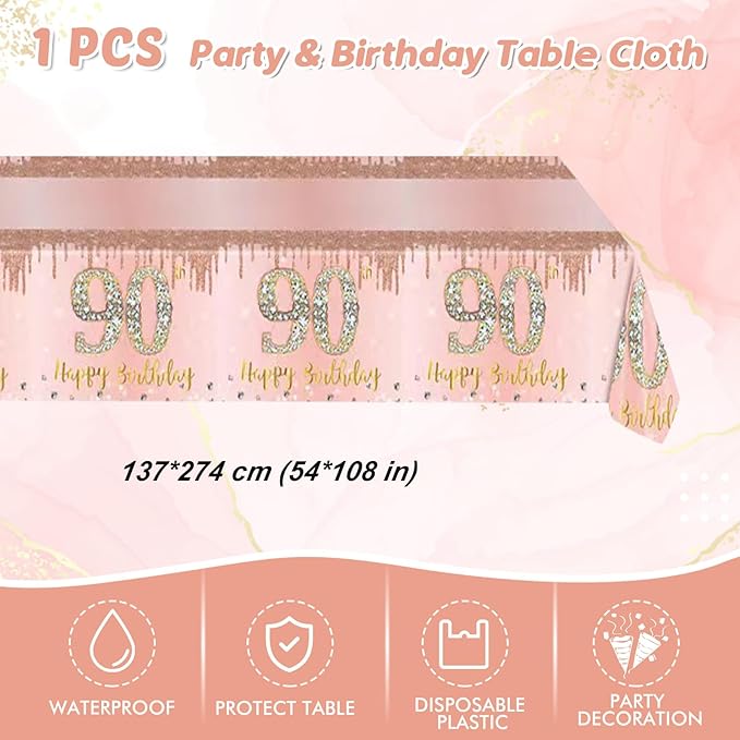 41Pcs 90th Birthday Decorations, Rose Gold Birthday Party Supplies Include 20Pcs Plates 20Pcs Napkins and 1Piece Tablecloth, Sweet Ninety Year Old Birthday Party Tableware for Girl Ladies Women