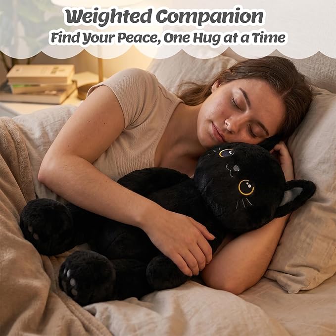 BRICHOEE 5lbs Weighted Stuffed Animals, Black Cat Plush Calming Weighted Black Cat Stuffed Animals, Cute Plush Toy Sensory Plushie Pillow Birthday Gifts for Adults Baby Kids Boys Girls