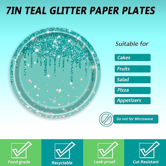 72 Pcs Teal Glitter Paper Plates 7in Disposable Paper Dessert Plates Napkins and Forks Party Tableware Set Happy Birthday Table Decorations for 24 Guests Blue Green Silver Birthday Wedding Theme Party