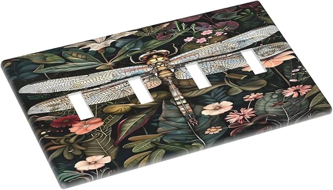 Vintage Dark Green Dragonfly Flowers Floral Botanical Light Switch Covers Quad Toggle Electrical Faceplate 4 Gang Wall Plate Decorative Switch Plates Cover for Farmhouse Home Decor