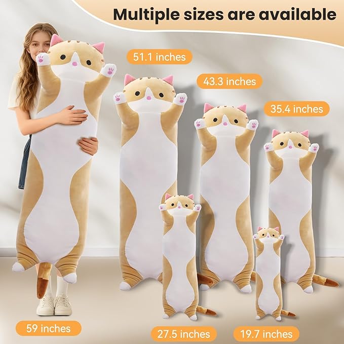 Cute Cat Plush Long Body Pillow – Soft Cartoon Stuffed Animal Doll, Kawaii Cat Plushie Cuddle Toy for Kids, Girls & Girlfriend (Brown, 59 Inch)