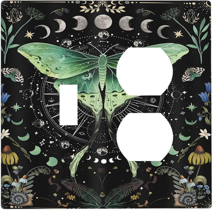 Moon Phase Butterfly Wildflower Plant Mysterious Night Moonlit Wallplates 1 Toggle 1 Duplex Switch Plate Electrical GFCI Faceplate Decorative Light Switch Covers for Bedroom Living Room Decor