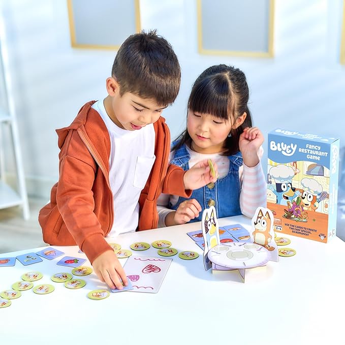 Bluey Fancy Restaurant Game, Join and Bingo as They Match Food Cards to Help Dad Prepare a Special Dinner for Mum, Serve up Fun While Building Memory and Matching Skills, Ages 3+, 2–4 Players