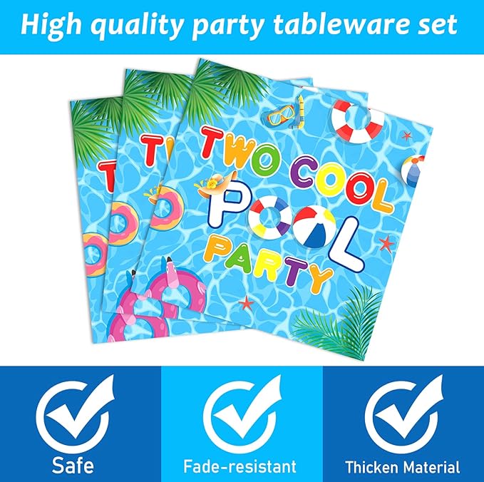 96Pcs Two Cool Pool Birthday Party Supplies Summer Swimming Pool 2nd Birthday Paper Plates and Napkins Summer Beach Tableware Set Serves 24 Guests 2 Years Old Hawaiian Pools Party Decorations