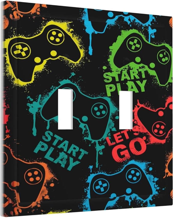 Gaming Hippie Gamer Modern Gamepad Colorful Graffiti Decorative Switch Plates 2 Gang Double Toggle Outlet Light Switch Cover Wall Plate Electrical Faceplate for Kids Room Nursery Decor