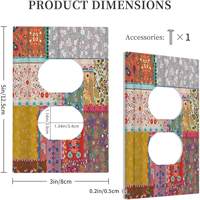 Outlet Covers Boho Patchwork Bohemian Stitching Colorful Floral 1 Gang Duplex Light Switch Cover Plate Decorative Wall Plates Electrical Switchplate Receptacle Cover for Bathroom Home Decor