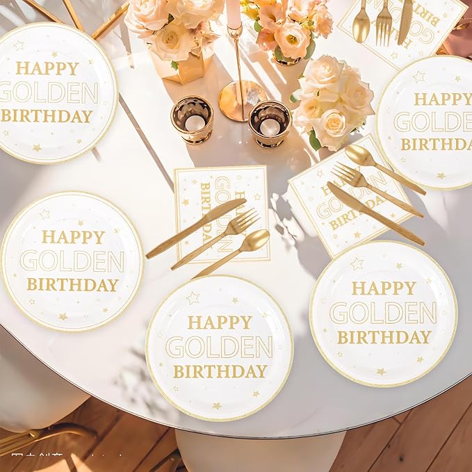 210pcs Golden Birthday Party Supplies,Gold Birthday Paper Plates Napkins Gold Glitter Dessert Party Tableware Set for Women Men Anniversary Wedding Party Decoration,Serve 30