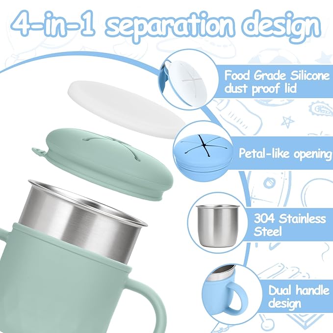 Mity rain 2-Pack Stainless Steel Snack Containers, 4-in-1 Spill proof Snack Cups With Silicone Lid and Handle, Dishwasher Safe Travel Snack Containers for Kids and Infants (Green + Blue)