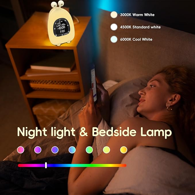 Sunrise Alarm Clock Wake Up Light, White Noise Sound Machine with 20 Soothing Sounds, 10 Night Lights, Wireless Speaker/Temp & Humidity/Rechargeable, Dimmable Clock Gift for Baby Kids Adults