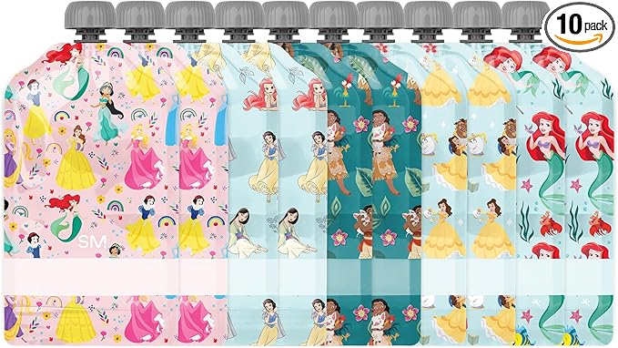 Simple Modern Disney Reusable Baby Food Pouches for Toddlers | BPA Free Plastic, Food Safe, Freezer Safe | Refillable for Applesauce Yogurt & Puree Squeeze Pouch | 10 pack | 5oz | Disney Princesses