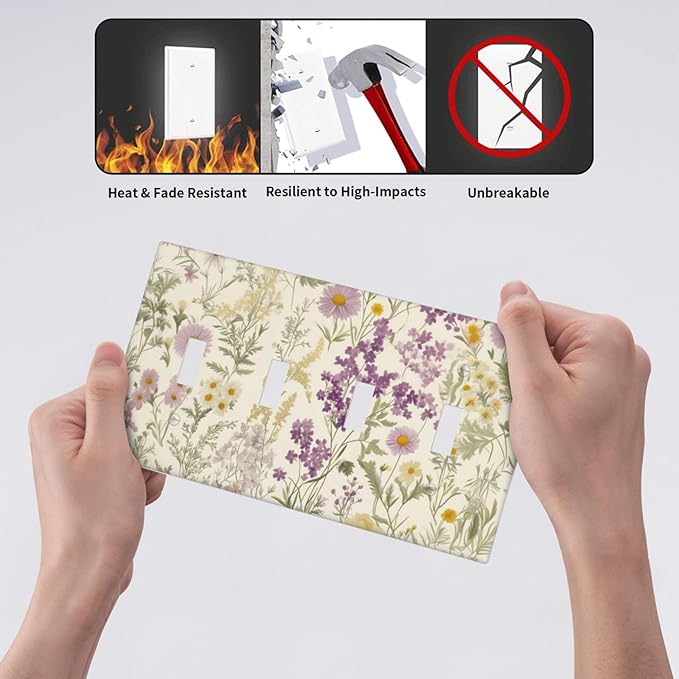 Watercolor Floral Leaves Quad Toggle Light Switch Cover Small Purple Flowers Daisies 4 Gang Wall Plate Decorative Electrical Switchplates Covers for Country Bathroom Bedroom Home Decor