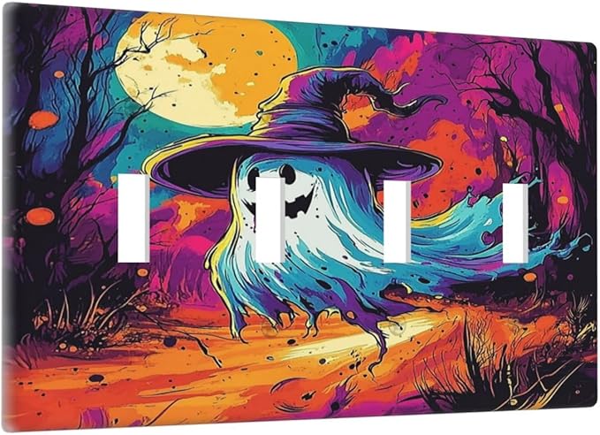 Light Switch Covers Ghost Colorful Forest Moon Dead Tree Quad Toggle Electrical Faceplate 4 Gang Wall Plate Decorative Switch Plates For Nursery Kids Room Decor