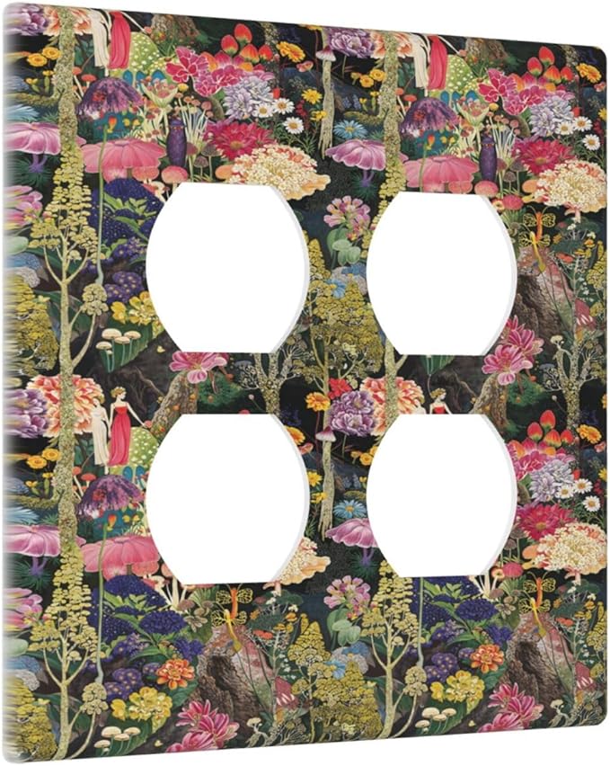 Dreamy Tropical Rainforest Colorful Mushroom Wildflower Outlet Covers 2 Gang Double Duplex Decorative Light Switch Covers Electrical Wallplates Socket Faceplate for Farmhouse Kids Room Decor