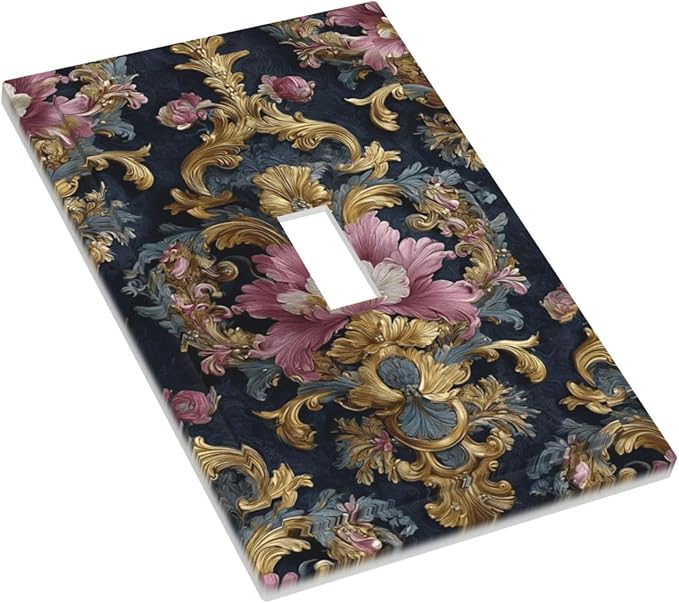 Decorative Light Switch Cover Plate Rococo Pink Floral Flower Gold Leaf 1 Gang Single Toggle Wall Plates for Electrical Outlet Covers Switch Plate Covers Faceplate for Bedroom Home Decor