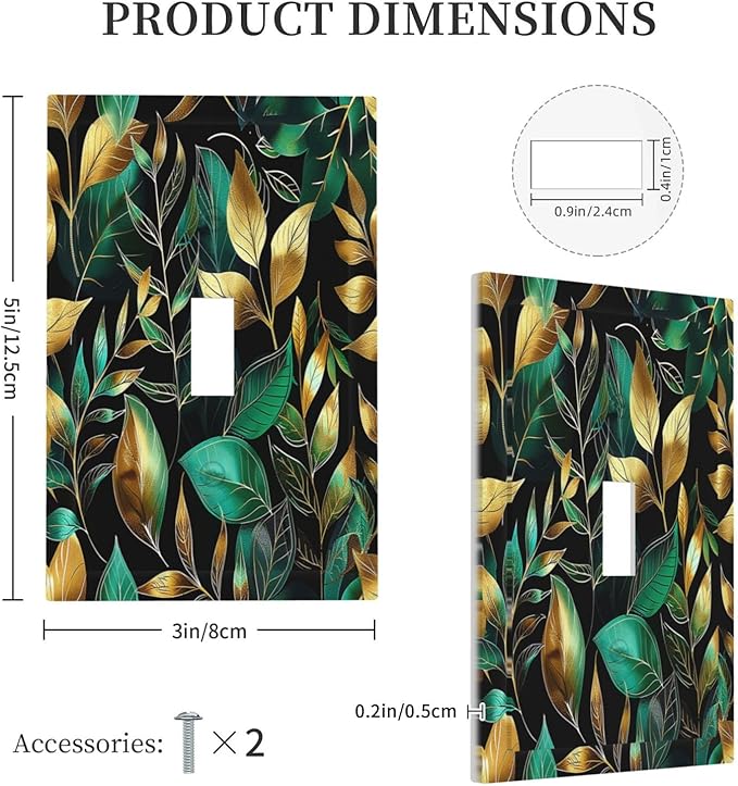 Decorative Light Switch Cover Vintage Dark Green Vine Leaf Golden Plants 1 Gang Single Toggle Device Electrical Faceplate Switchplates Decorator Outlet Wall Plate for Bed Room Cabin