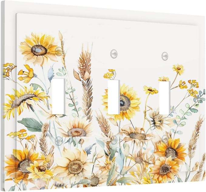 Yellow Floral Sunflowers Wheat Ears Watercolor Wild Flowers Decorative Switch Plates 3 Gang Wall Plate Triple Toggle Light Switch Cover Faceplate Electrical Wall Panels for Bedroom Living Room Decor