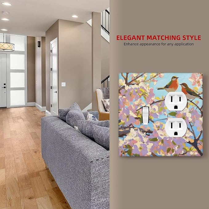 Bird Flower Single Toggle Duplex Combo Outlet Wall Plate Decorative 2 Gang Light Switch Covers Electrical Switchplate Home Decorate Faceplat for Bathroom Bedroom Kitchen Room 4.5 x 4.5 Inch