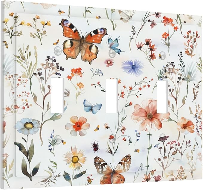 Decorative Switch Plates Butterfly Floral Boho Multicolor Flower Leave 3 Gang Wall Plate Triple Toggle Light Switch Cover Faceplate Electrical Wall Panels for Bed Room living Room Decor
