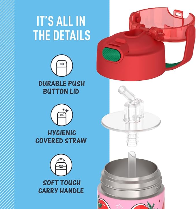 THERMOS FUNTAINER Water Bottle with Straw - 12 Ounce - Kids Stainless Steel Vacuum Insulated Water Bottle with Lid, Strawberry Smiles