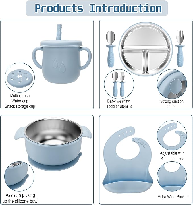 MISSLILI Stainless Steel Kids Plates and Bowls Set with Suction, Divided Baby Plate and Toddler Bowl with Removable Silicone Suction,Stainless Steel Weaning Bundle, Silicone Baby Feeding Set (Blue)